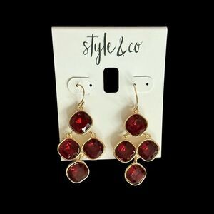 Style & Co Red Crystal Chandelier Drop Earrings Gold Tone Statement NWT